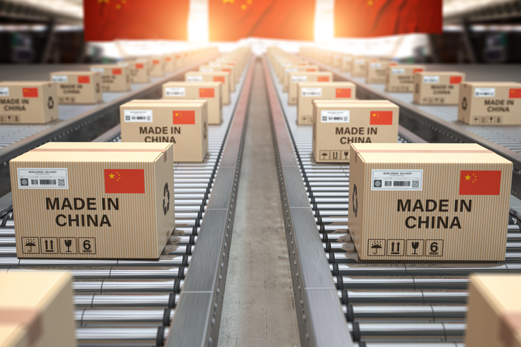 Made in China labels on boxes moving down conveyor belt line