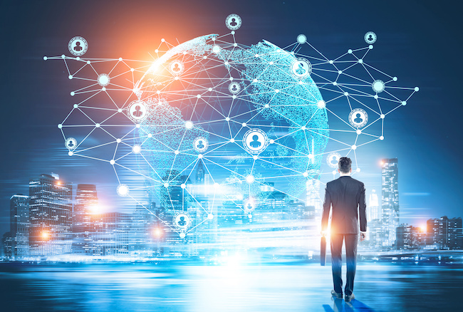 businessman looking at network in sky