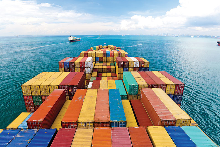 Cargo ship at port in Singapore.