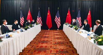 US Secretary of State Antony Blinken (2nd R), joined by National Security Advisor Jake Sullivan (R), speaks while facing Yang Jiechi (2nd L), director of the Central Foreign Affairs Commission Office, and Wang Yi (L), China