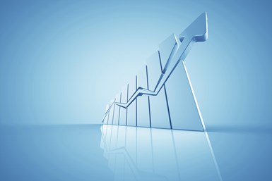 A chart with an arrow pointing up. 