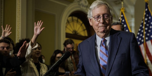 Senate Minority Leader Mitch McConnell, a Republican from Kentucky, leaves a news conference following the weekly Republican caucus luncheon at the U.S. Capitol in Washington, D.C., Sept. 28, 2022.